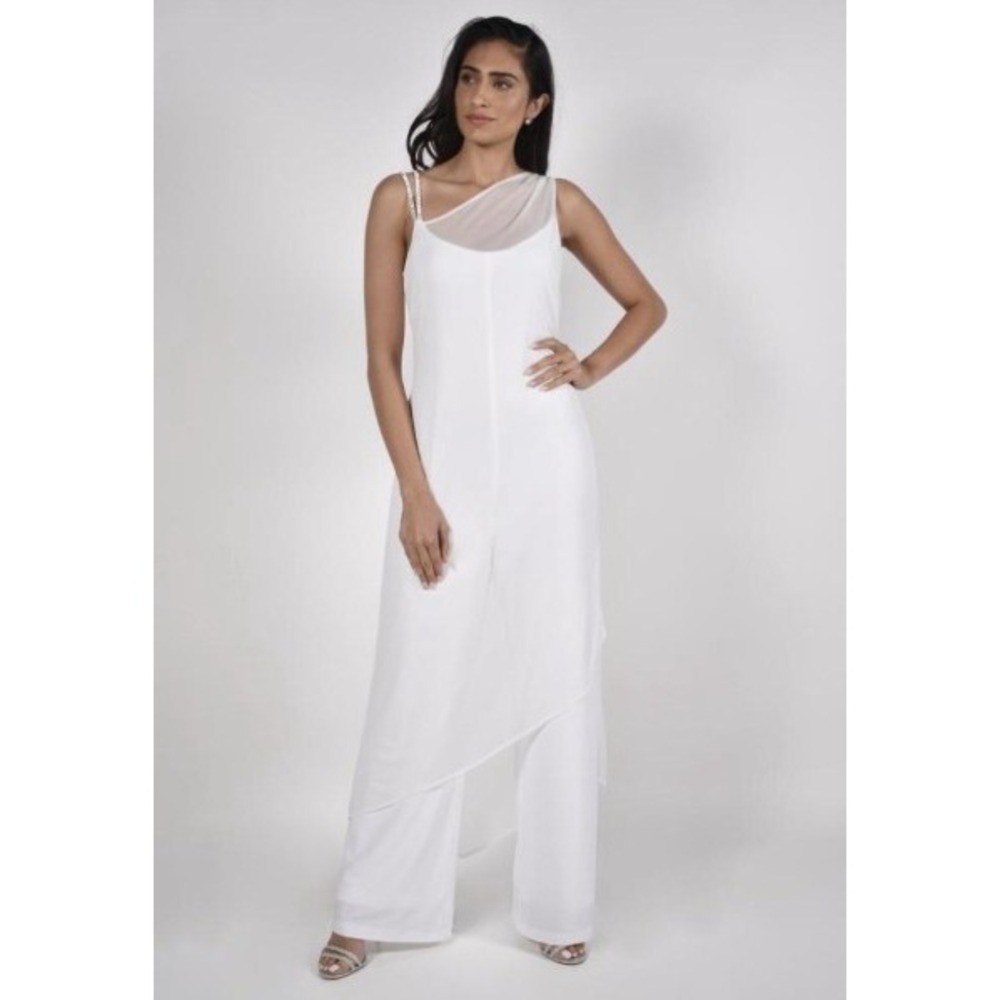 Frank Lyman 222014 One Shoulder‎ Mesh Overlay Jumpsuit Womens 10 Off White NEW